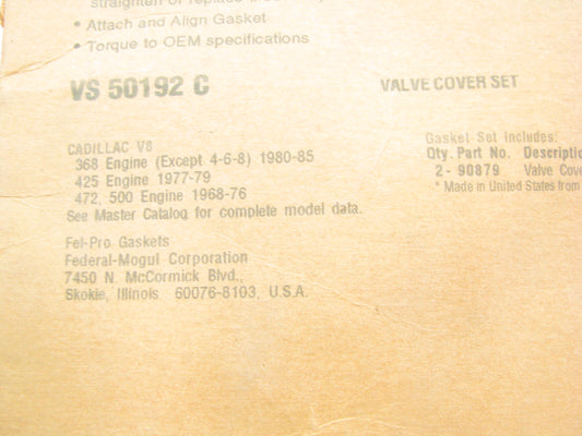 Fel-pro VS50192C Engine Valve Cover Gasket Set For 1968-1974 Cadillac 472 500 V8