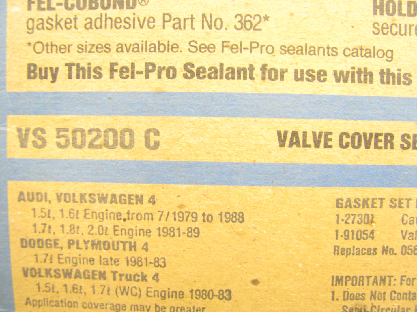 Fel-Pro VS50200C Valve Cover Gasket Set 1979-98 VW Audi 1.5L 1.6L 1.7L 1.8L