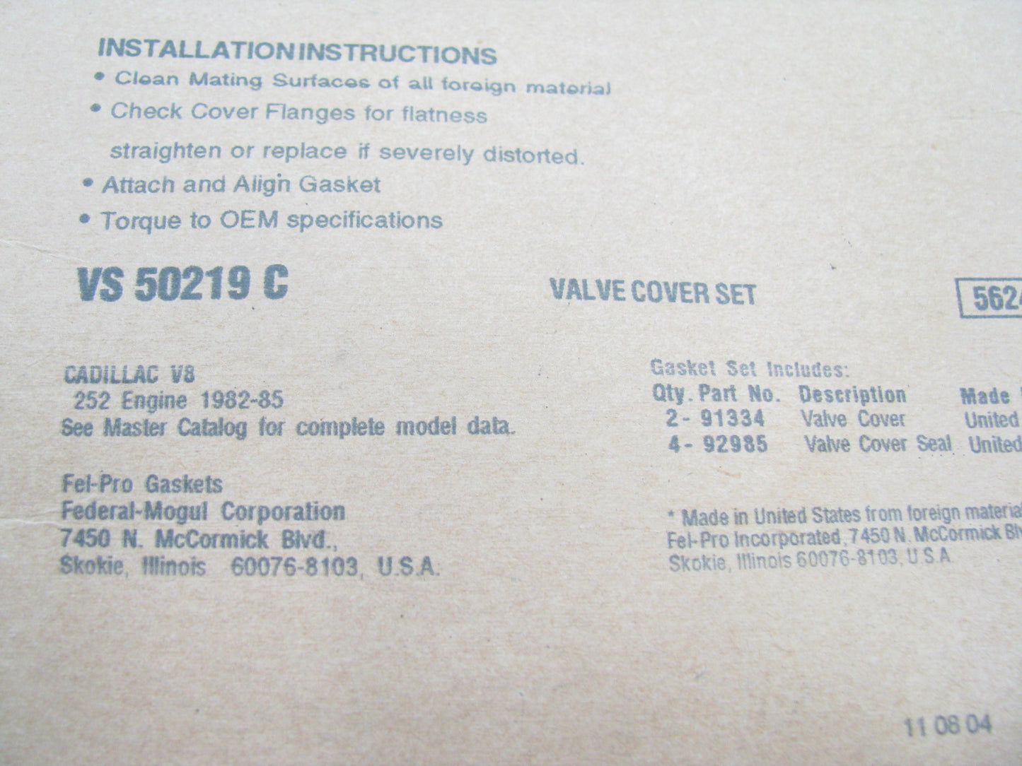 FEL-PRO VS50219C Engine Valve Cover Gasket Set - 1982-1985 Cadillac 4.1L V8