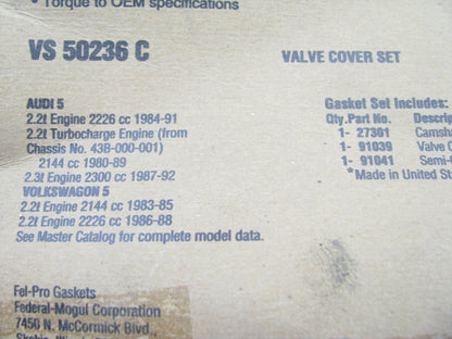 Fel-Pro VS50236C Engine Oil Pan Gasket Set 1980-92 VW Audi 2.2L 2.3L I5 SOHC