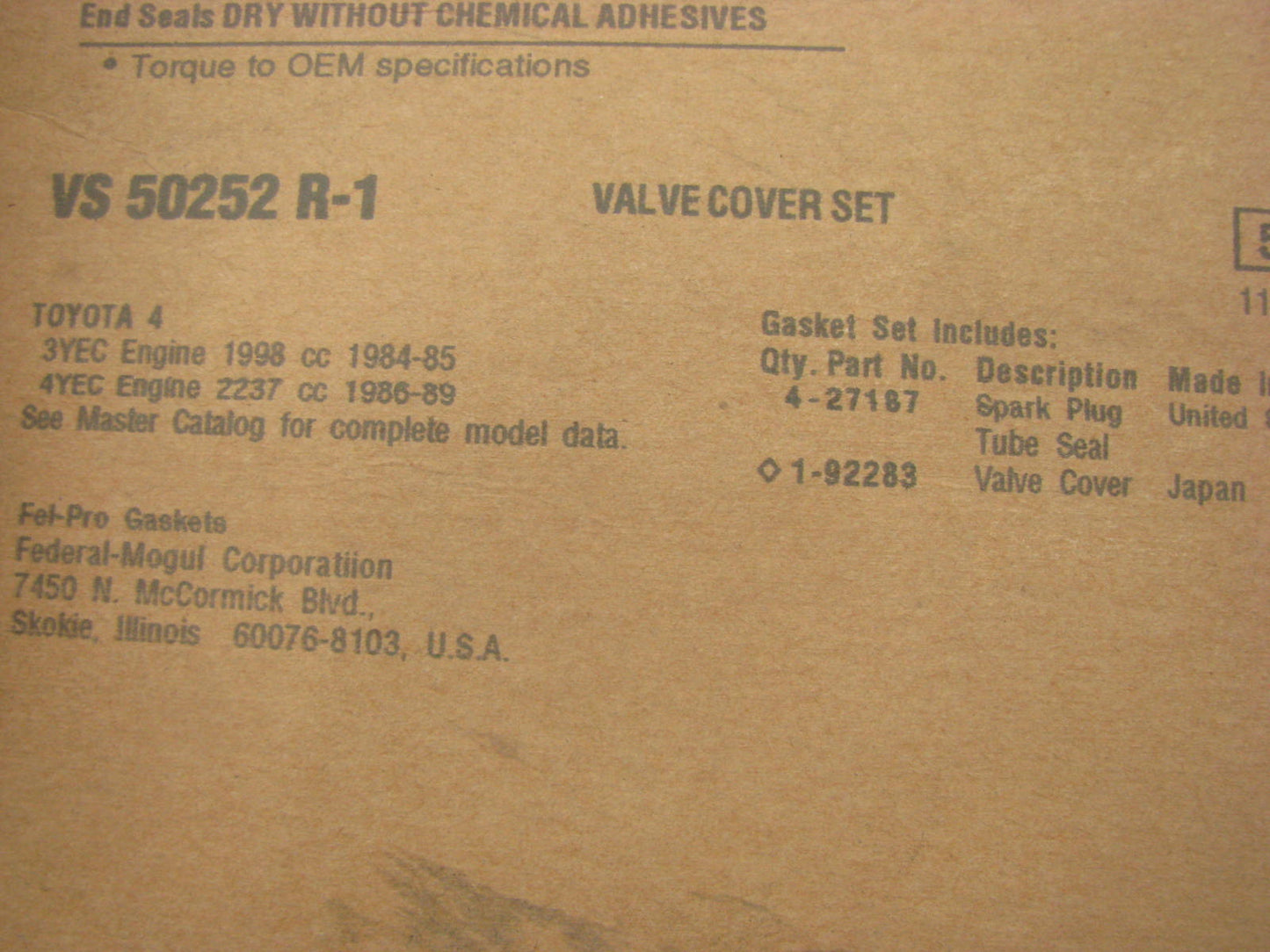 Fel-pro VS50252R-1 Valve Cover Gasket TOYOTA VAN 1984-1989 2.0l 2.2l