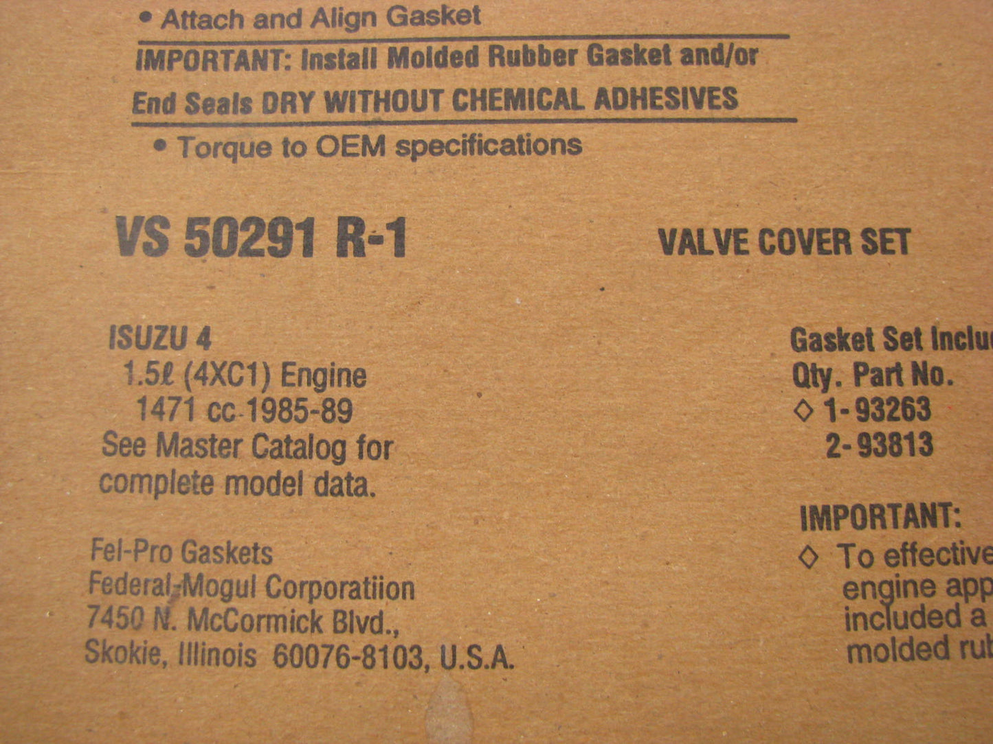 FEL-PRO VS50291R-1 Valve Cover Gasket Set - 1985-89 Chevy Pontiac Isuzu Geo 1.5L