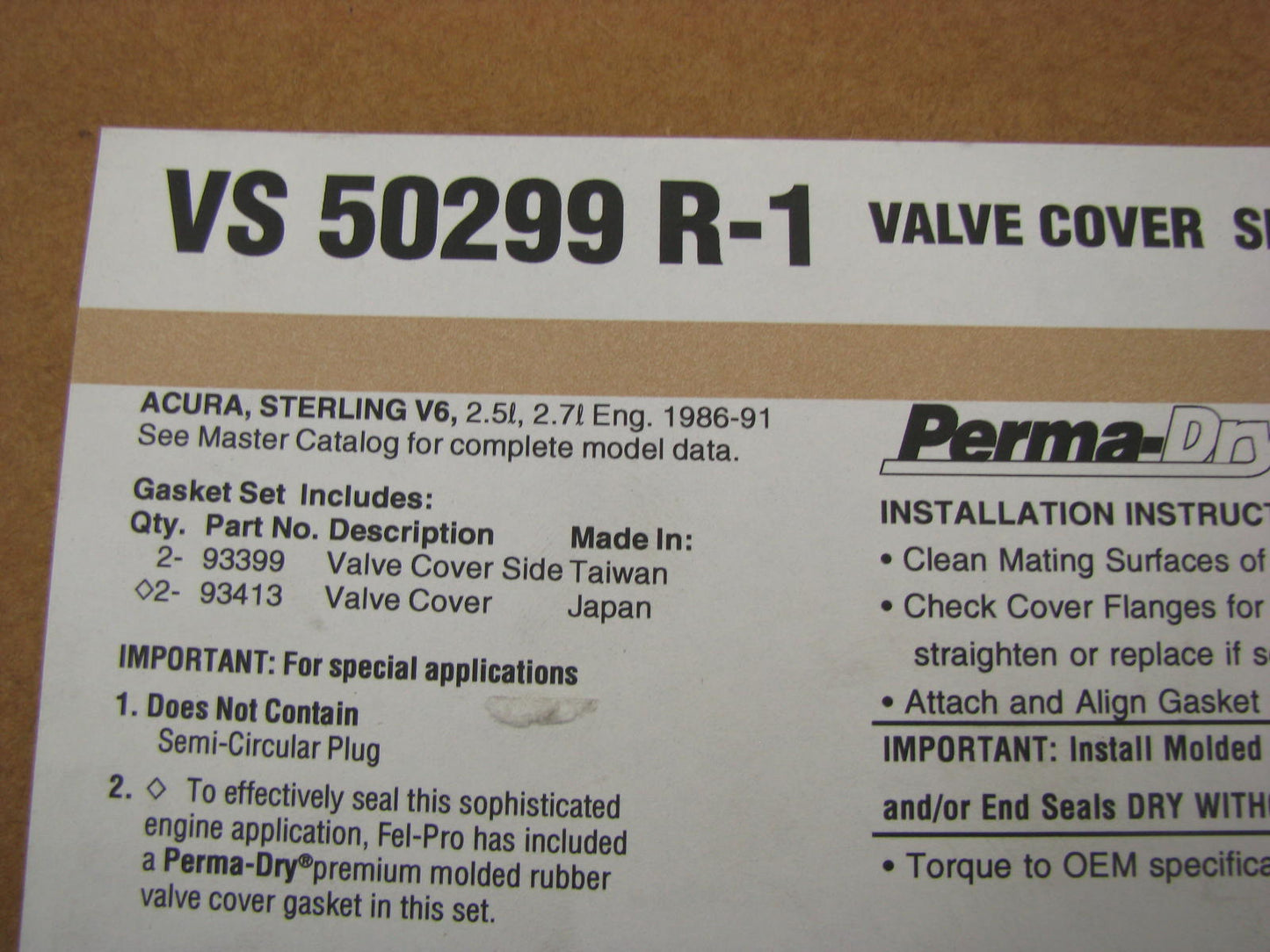 FEL-PRO VS50299R-1 Engine Valve Cover Gasket Set - 1986-1991 Acura 2.5L 2.7L V6