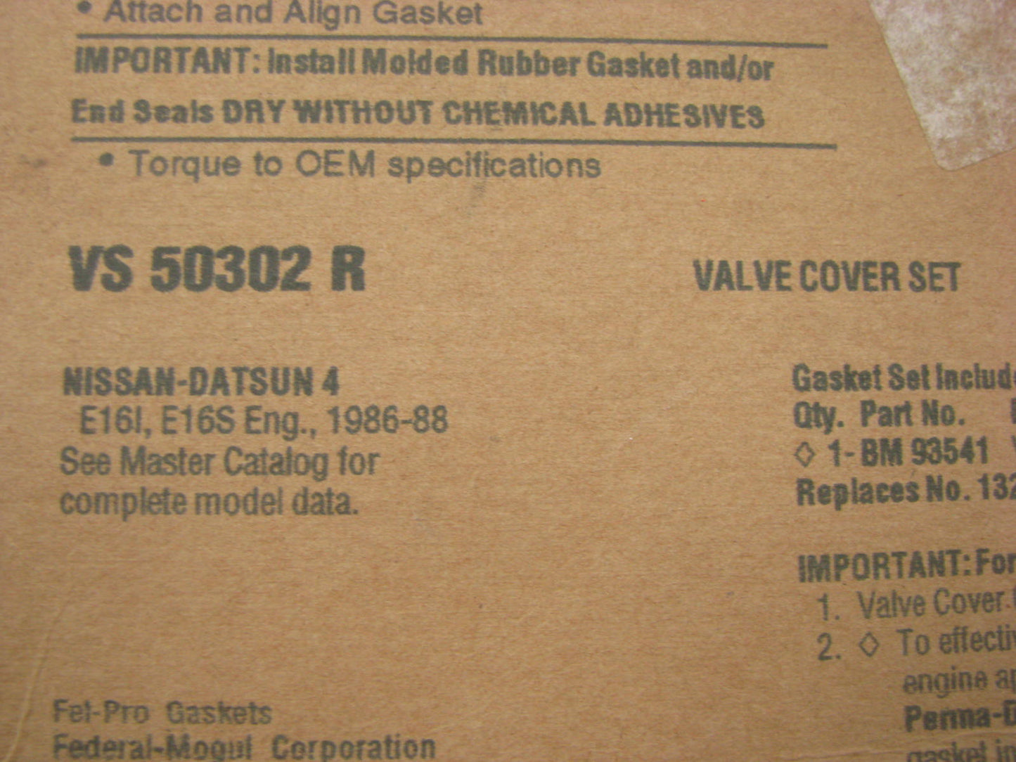 Fel-Pro VS50302R Engine Valve Cover Gasket For 1986-1988 Nissan Sentra