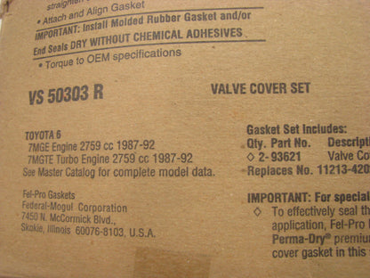 1986-1992 Toyota Supra 3.0L 7MGE Valve Cover Gasket Set - Fel-pro VS50303R