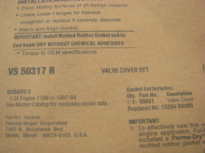Fel-pro VS50317R Engine Valve Cover Gasket For 1987-1994 Subaru Justy 1.2L-L3