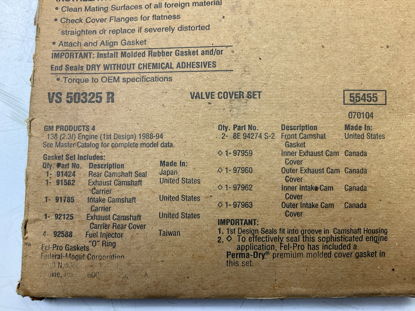 Fel-pro VS50325R Engine Valve Cover Gasket Set For 1987-1994 GM 2.3L QUAD 4