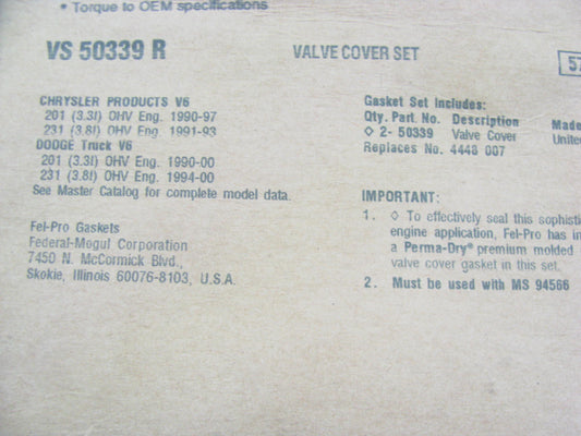 Fel-Pro VS50339R Valve Cover Gasket Set For 1990-2000 Chrysler 3.3L 3.8L V6