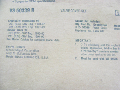 Fel-Pro VS50339R Valve Cover Gasket Set For 1990-00 Dodge Grand Caravan Minivan