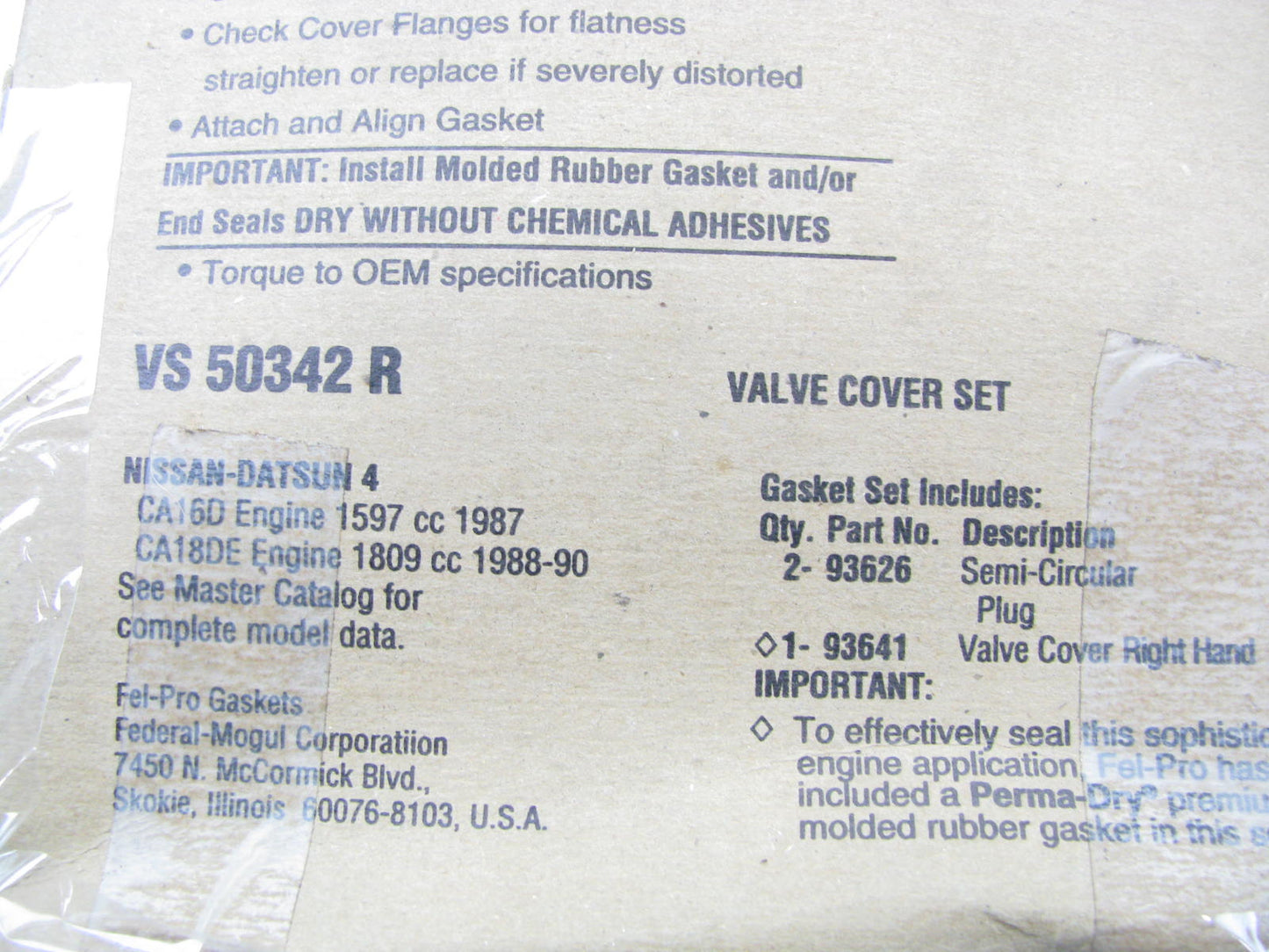 Fel-pro VS50342R RIGHT Valve Cover Gasket Set For 87-89 Nissan Pulsar NX 1.6 1.8