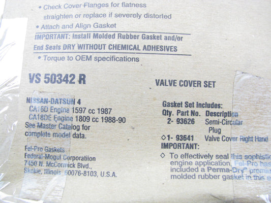 Fel-pro VS50342R RIGHT Valve Cover Gasket Set For 87-89 Nissan Pulsar NX 1.6 1.8