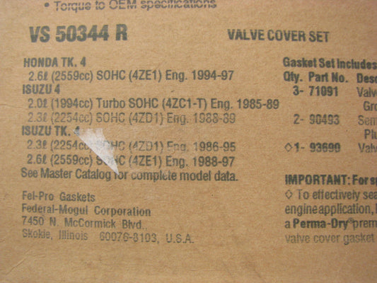 Fel-Pro VS50344R Valve Cover Gasket Set 1985-97 Isuzu 2.0L 2.3L 2.6L I4 SOHC