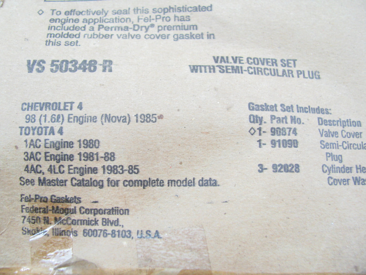 Fel-Pro VS50348R Valve Cover Gasket Set 1980-88 Toyota 1.5L 1.6L I4 SOHC