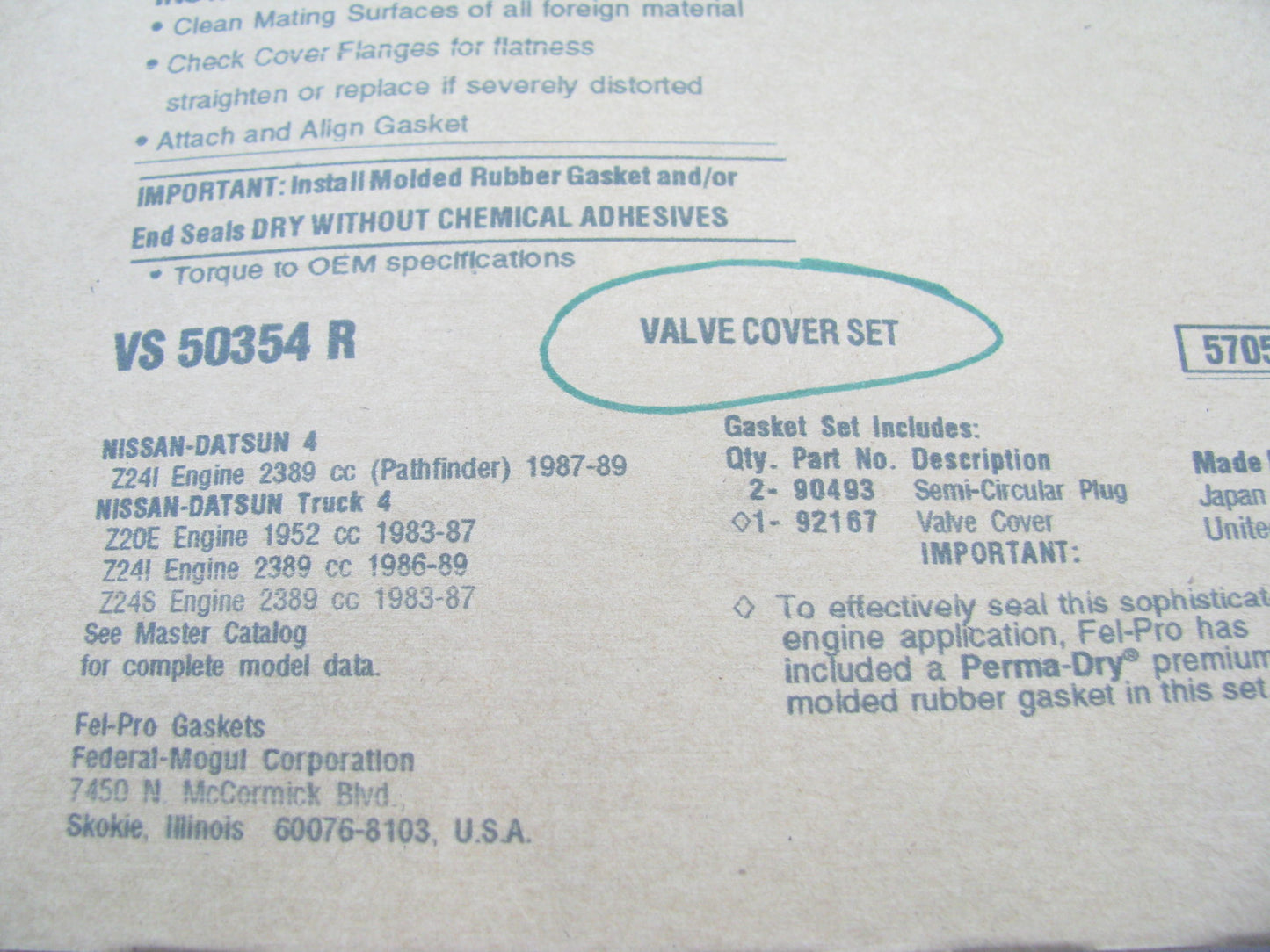 Fel-Pro VS50354R Valve Cover Gasket Set For 1983-86 Nissan 720, 1986-89 D21 2.4L
