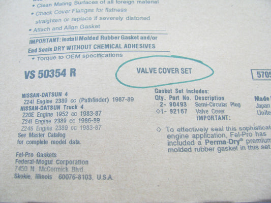 Fel-Pro VS50354R Valve Cover Gasket Set For 1983-86 Nissan 720, 1986-89 D21 2.4L