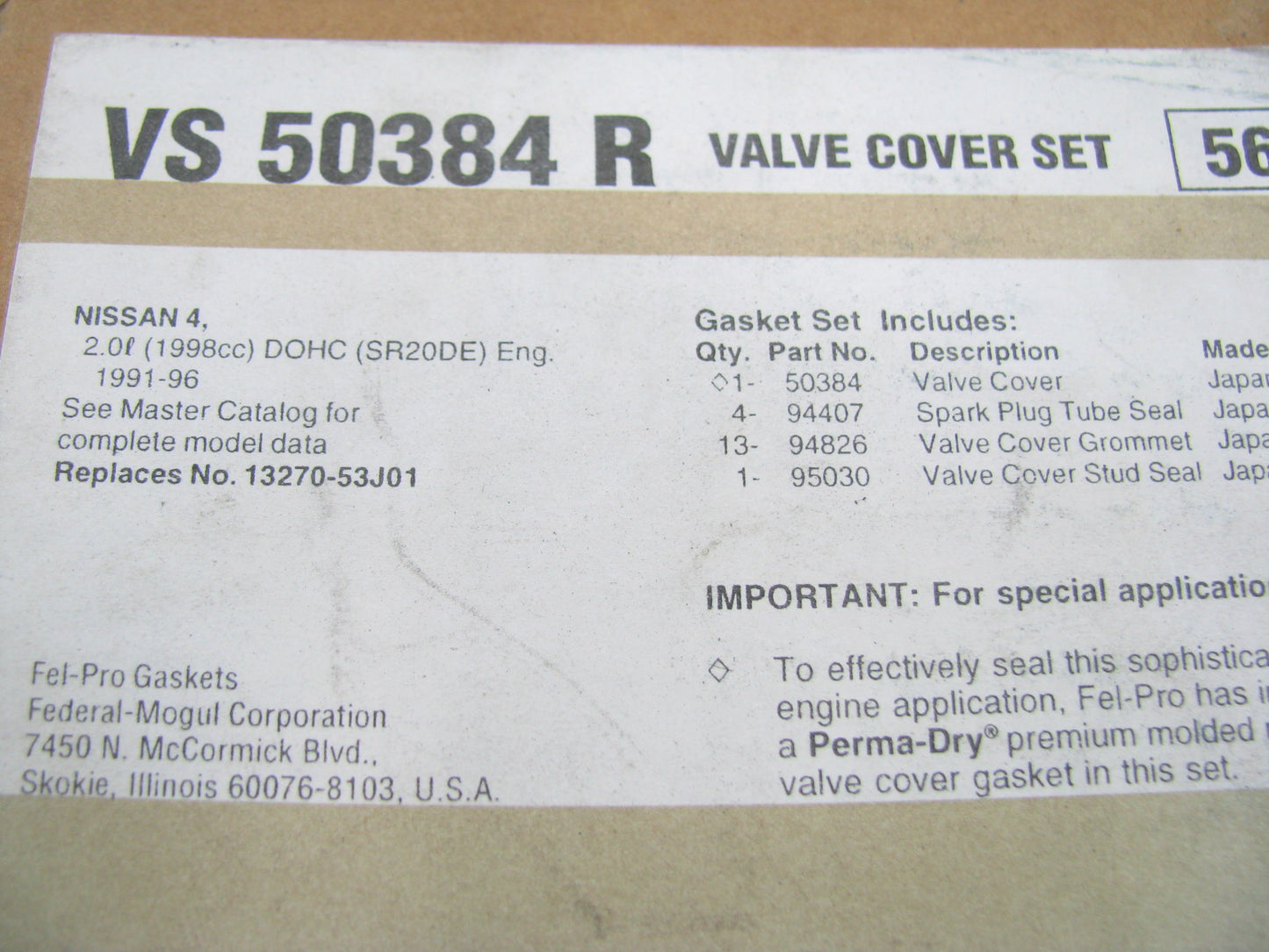 Fel-Pro VS50384R Valve Cover Gasket Set For 1991-1993 Nissan NX