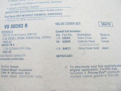 FEL-PRO VS50393R Valve Cover Gasket Set - 90-93 Celica 91-95 MR2 2.0L Turbo