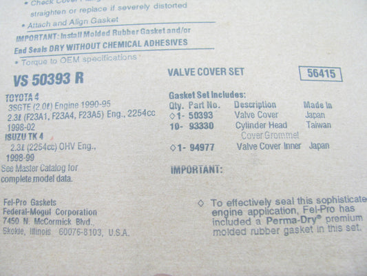 FEL-PRO VS50393R Valve Cover Gasket Set - 90-93 Celica 91-95 MR2 2.0L Turbo