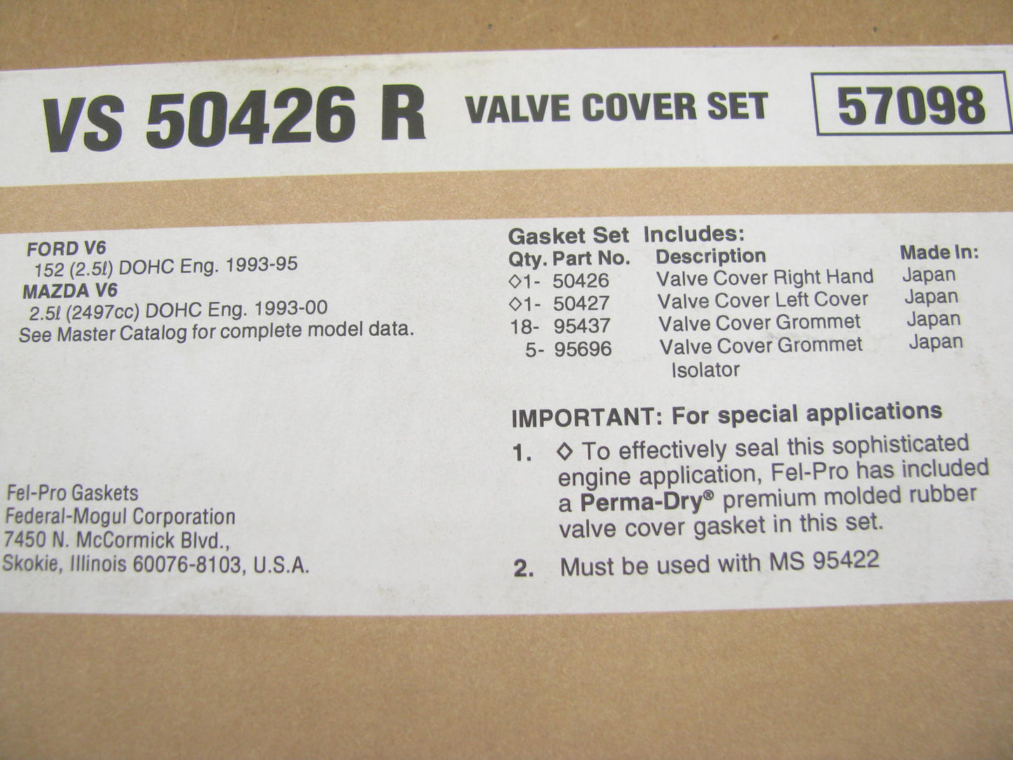 Fel-pro VS50426R Valve Cover Gasket 1993-202 MAZDA FORD 2.5L V6