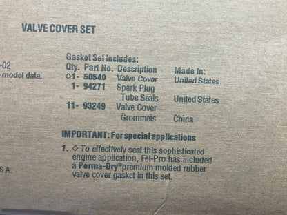 Fel-pro PermaDry VS50549R Valve Cover Gasket For 1999-2002 Saturn 1.9L L4 DOHC