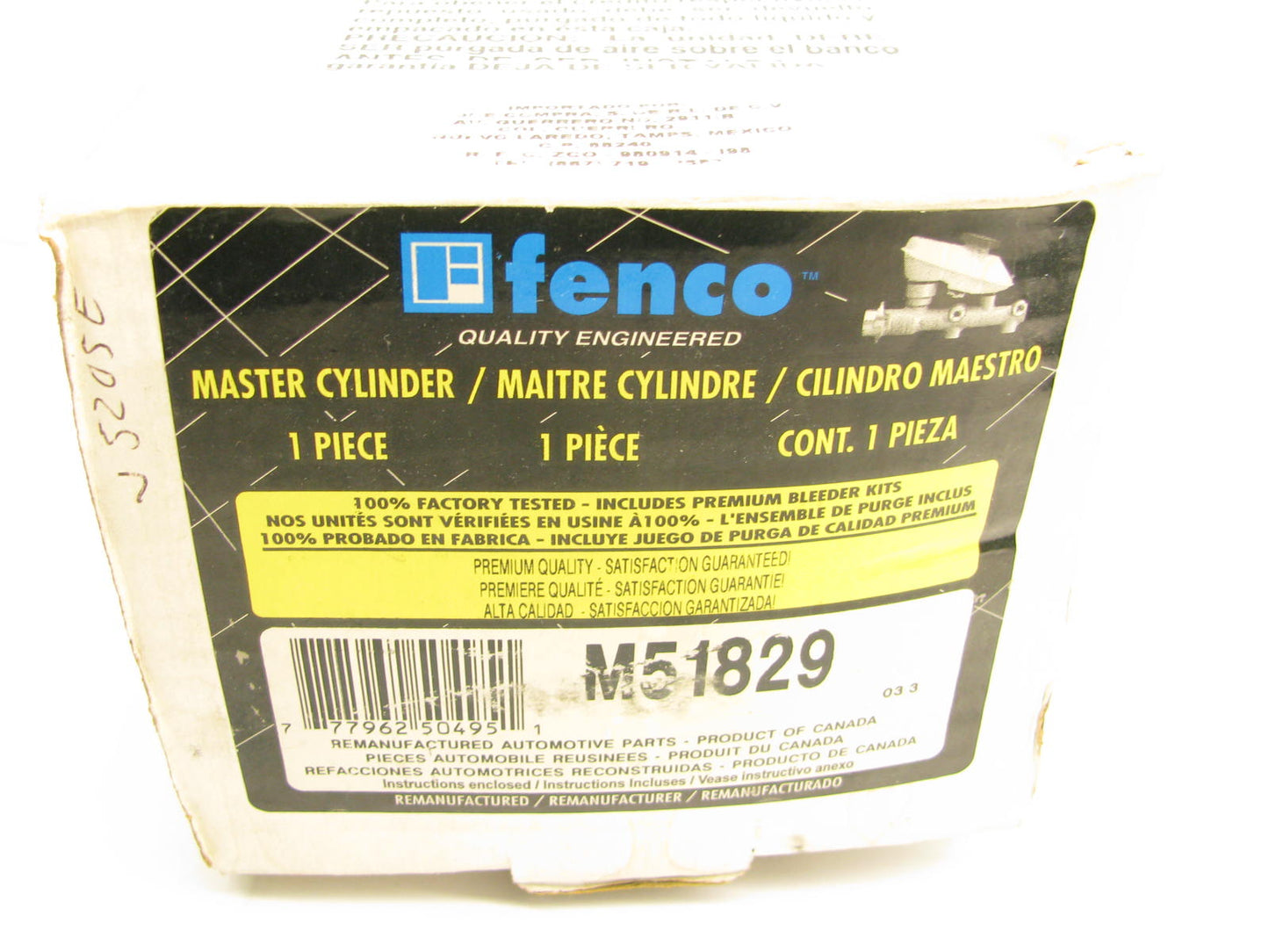 Fenco M51829 Reman Brake Master Cylinder W/O Reservoir For 76-79 Corolla
