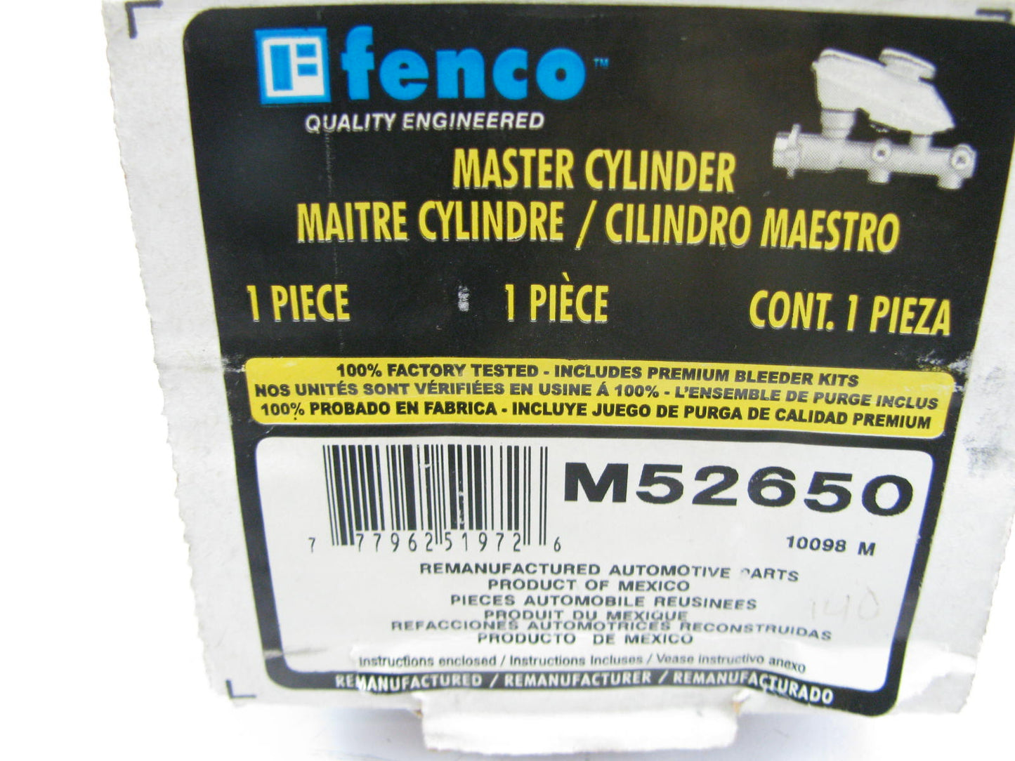 Fenco M52650 Reman Brake Master Cylinder W/O Reservoir