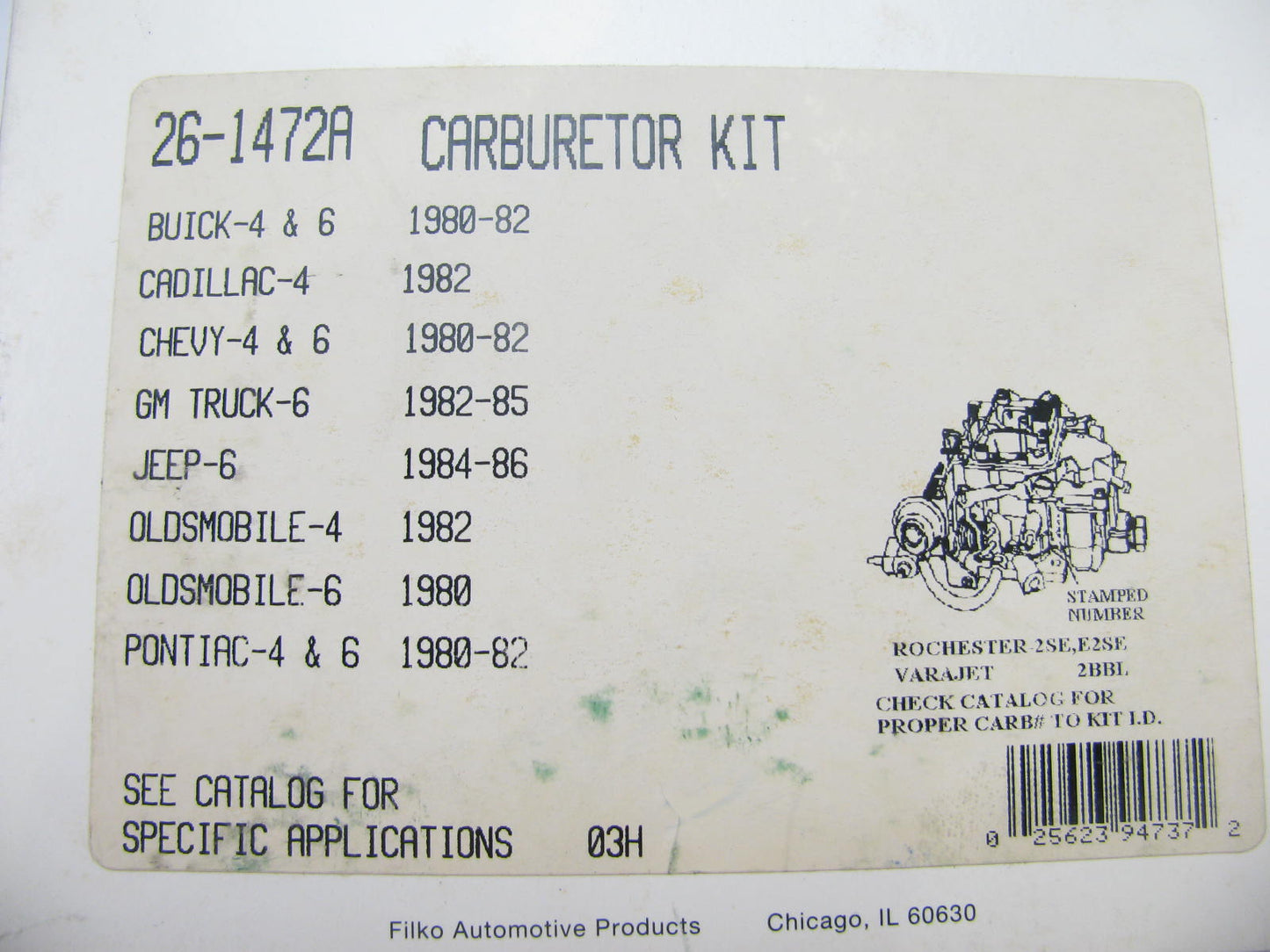 Filko 26-1472A Carburetor Rebuild Kit - ROCHESTER VARAJET 2 2-BBL E2SE 2SE