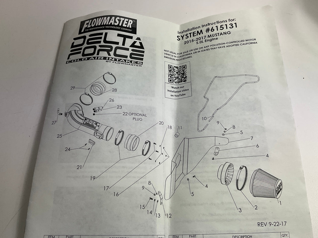 Flowmaster Delta Force Performance Cold Air Intake - 2015-2017 Ford 5.0L Mustang