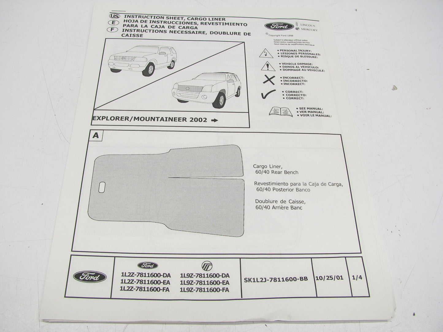 OEM Ford Rear Cargo Liner  1L9Z7811600EA For 02-05 Mercury Mountaineer