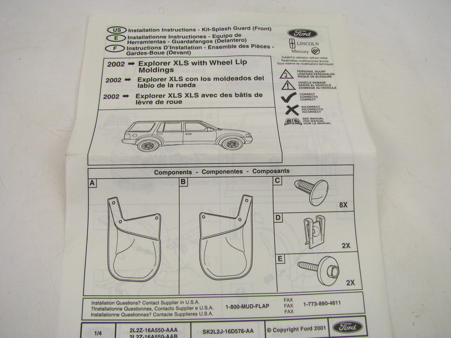 NEW - OEM Ford 2L2Z-16A550-AA Front Splash Guard Kit For 2002 Explorer XLS