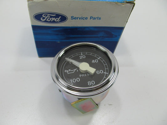 2-1/8'' Mech. Oil Pressure Gauge 100psi Black/Chrome NOS OEM Ford E2HZ-9273-A