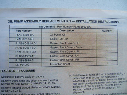 1991-1994 Ford Lincoln Mercury V8 4.6L Oil Pump Kit & Oil Pan Gasket F5AZ-6660-A