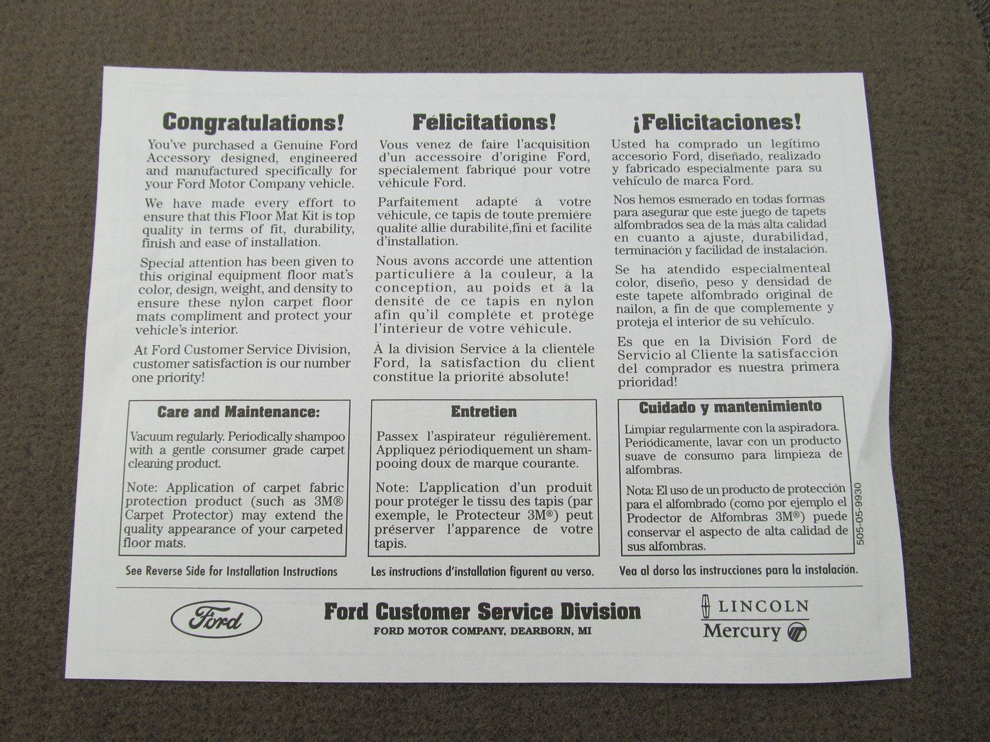 Medium Dark Parchment Brown NOS OEM Ford Floor Mat Set YL3Z-1513086-DAA Type 2