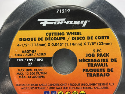 (5) Forney 71219-5 Steel Grinding Cutting Wheel, Type 27, 4-1/2'' X .045'' X 7/8''