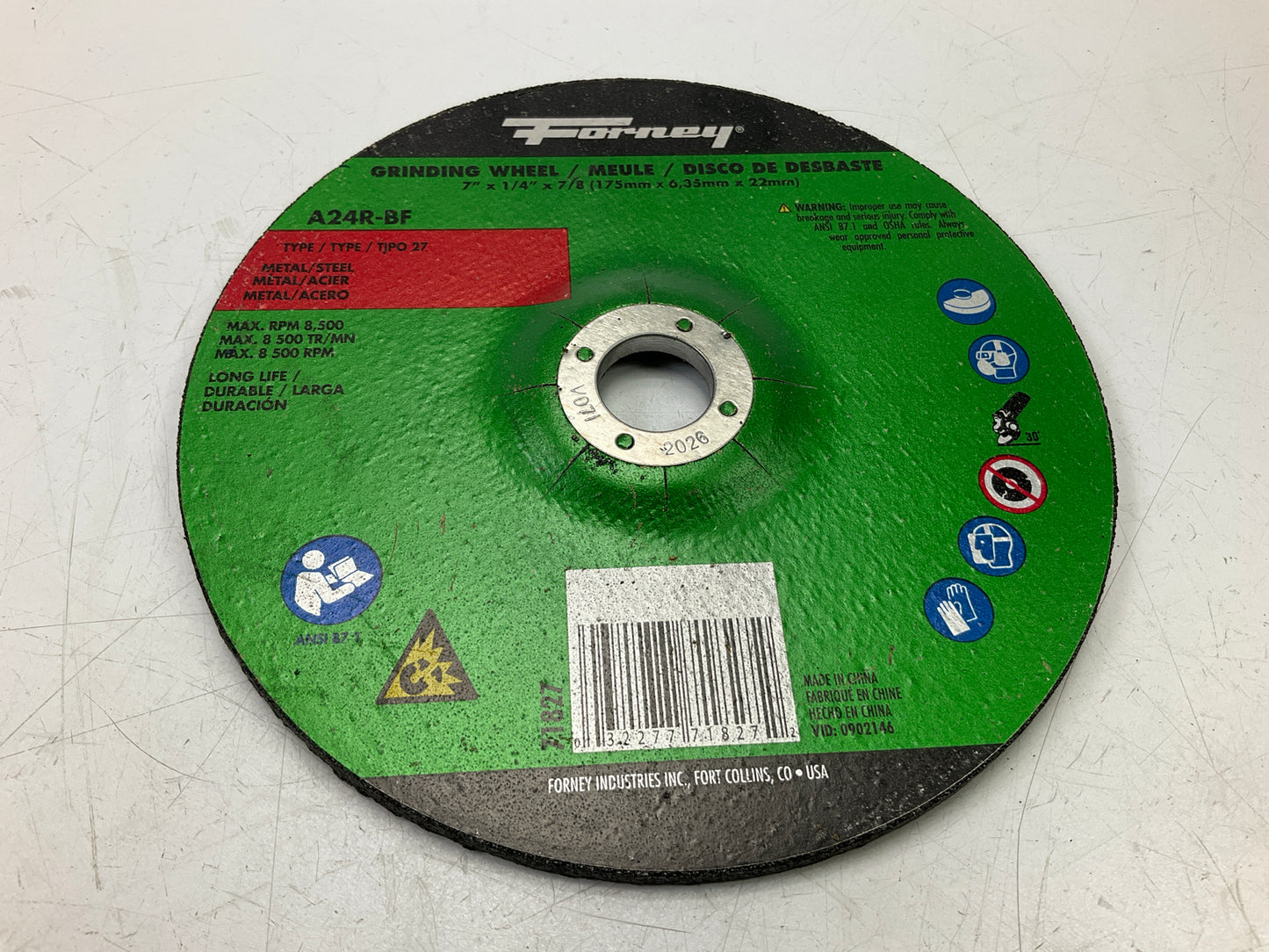 Forney 71827 Grinding Wheel, Metal, Type 27, 7'' X 1/4'' Thick X 7/8'' Arbor