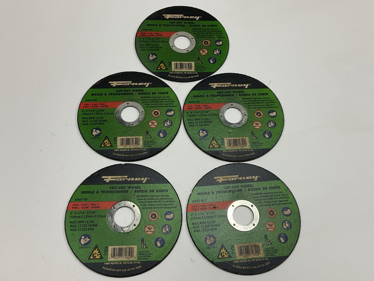 (5) Forney 71850 Cut-Off Wheel, Metal, Type 1 (Flat), 5 In X 1/16 In X 7/8 In