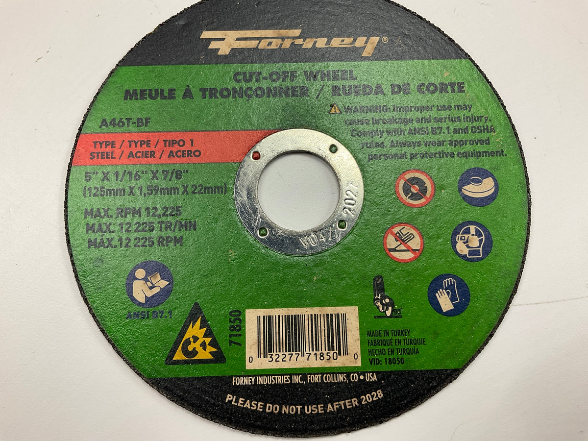 (5) Forney 71850 Cut-Off Wheel, Metal, Type 1 (Flat), 5 In X 1/16 In X 7/8 In