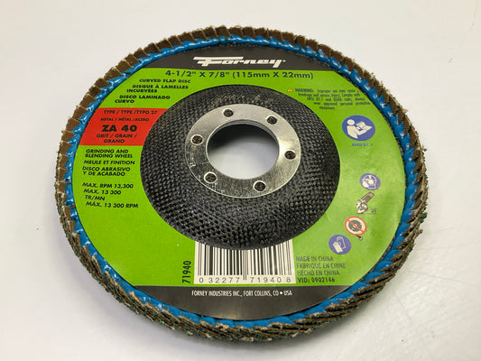 Forney 71940 Curved Edge Flap Disc, 4-1/2 In X 7/8 In, 40 Grit