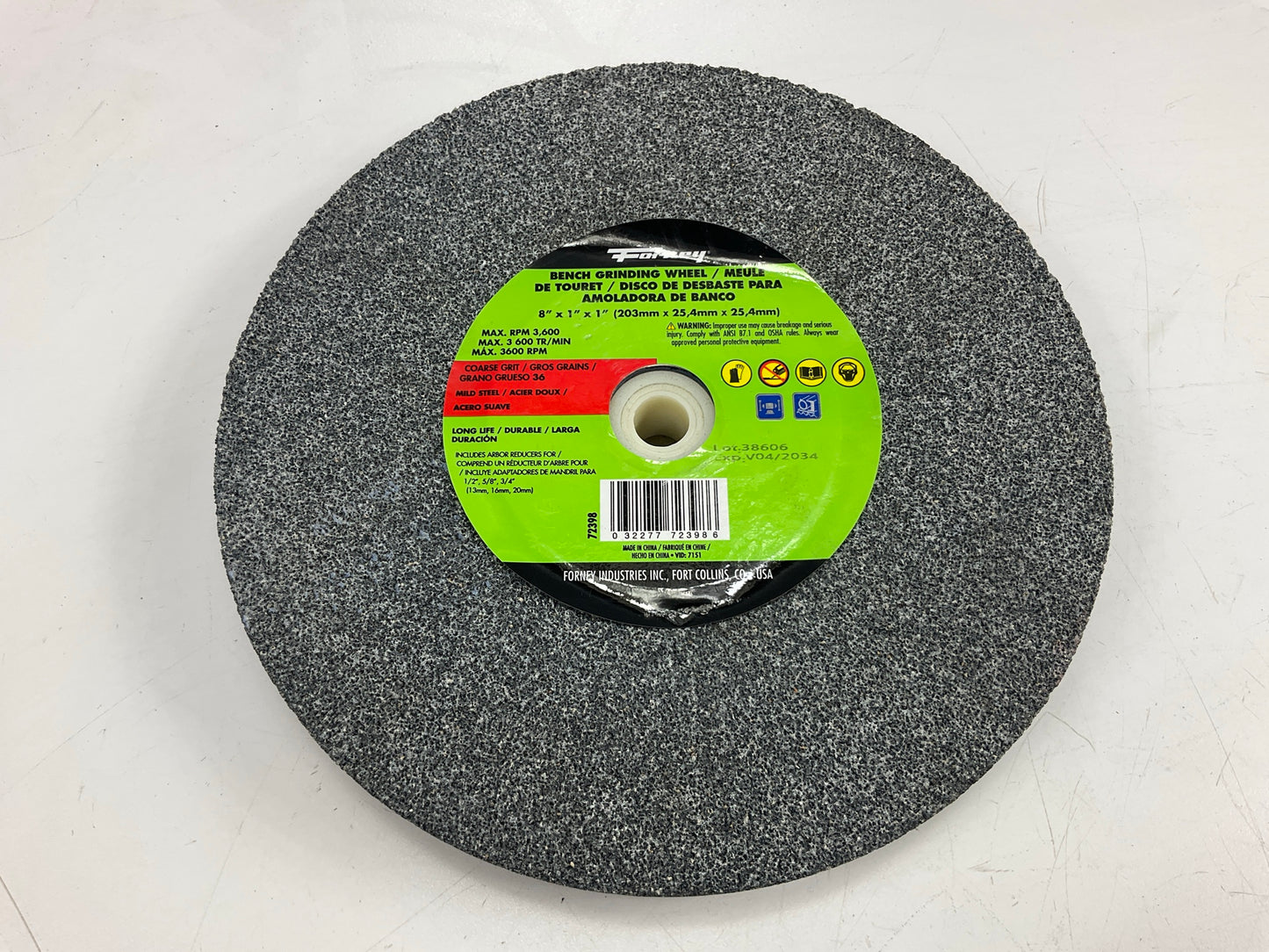 Forney 72398 8'' X 1'' X 1'' Bench Grinding Wheel, Coarse 36 Grit, 3600 Max RPM