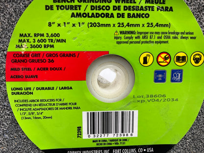 Forney 72398 8'' X 1'' X 1'' Bench Grinding Wheel, Coarse 36 Grit, 3600 Max RPM