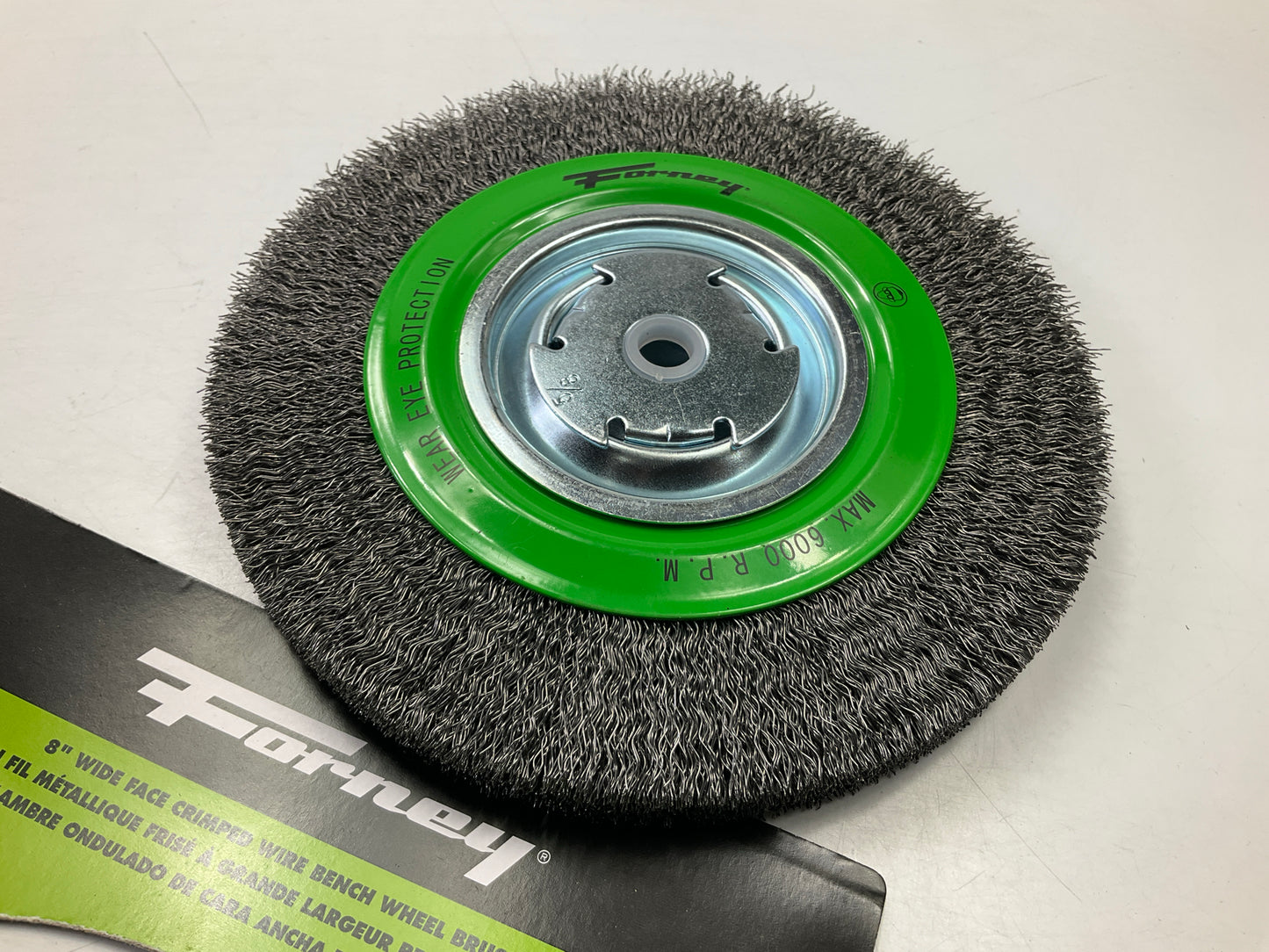 Forney 72762 8'' Wide Face Crimp Wire Bench Wheel Brush , 1/2'' - 5/8'' Arbor