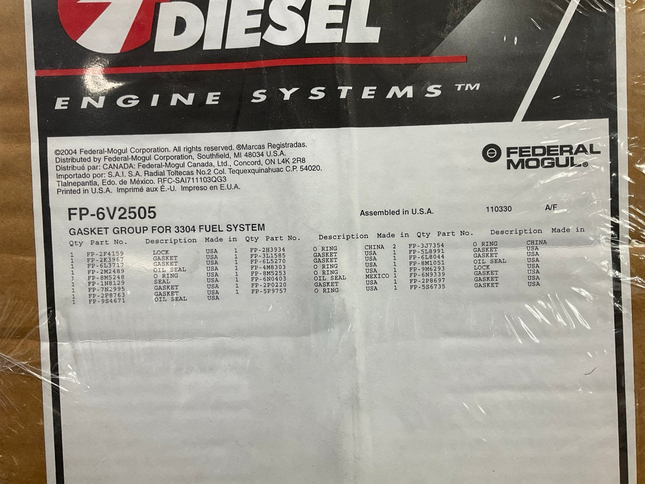Fp Diesel FP-6V2505 Scroll & Sleeve Gasket Set For CAT 3304