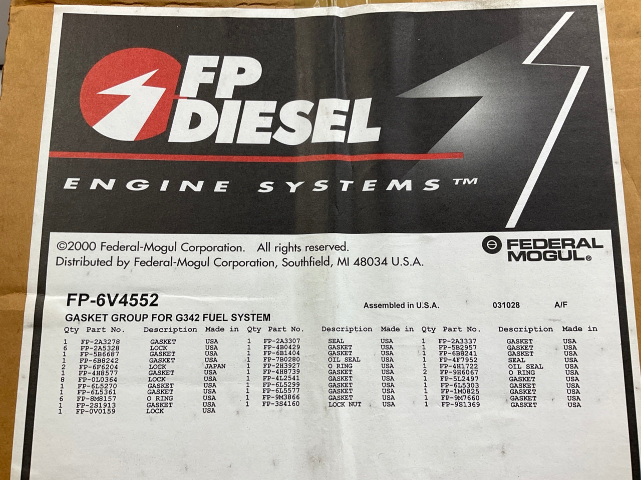 Fp Diesel FP-6V4552 Gasket Kit For CAT G342 Fuel System # 6V4552