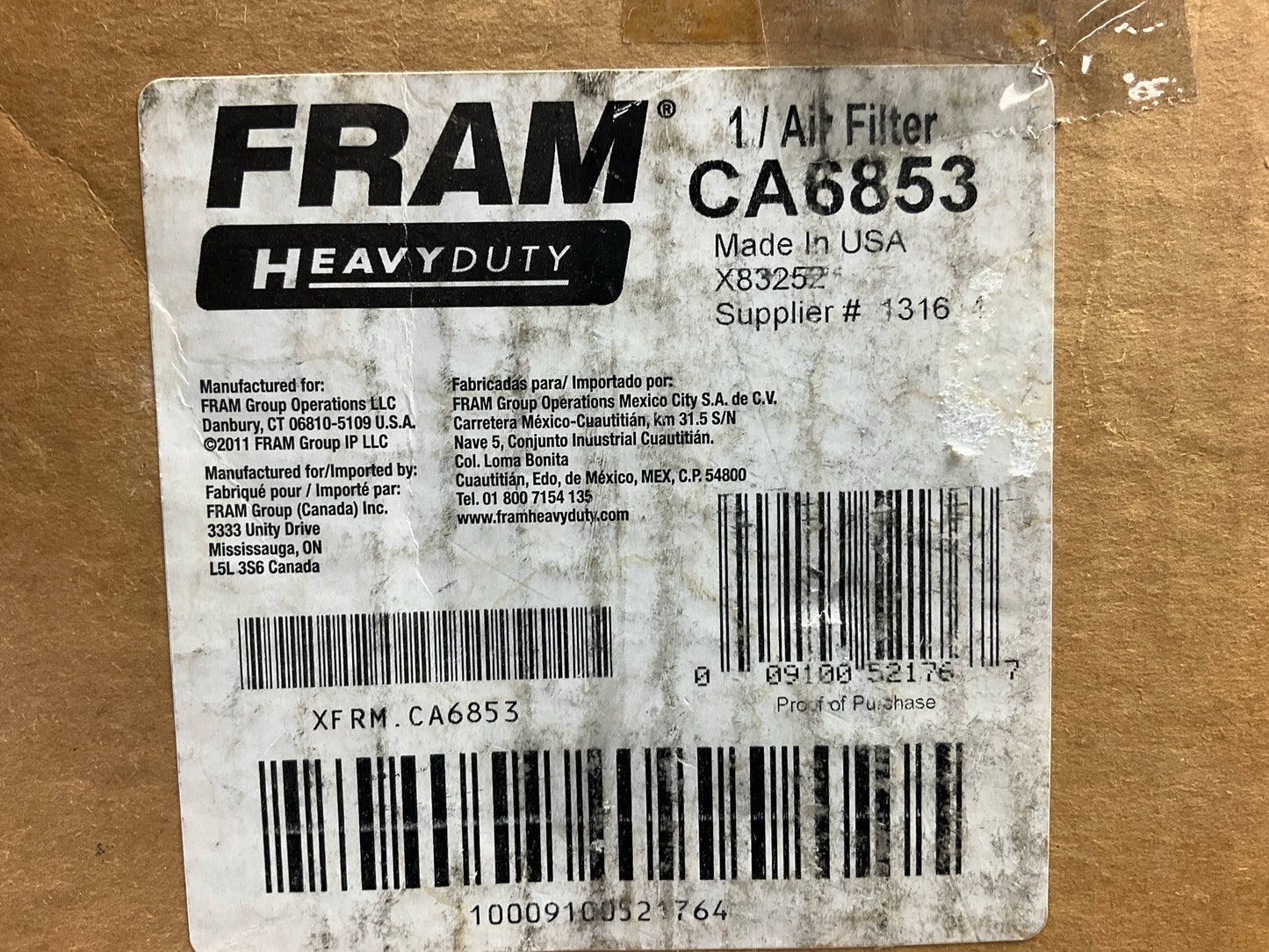 Fram CA6853 Disposable Air Filter Housing Replaces 88423 46423 ECC105004