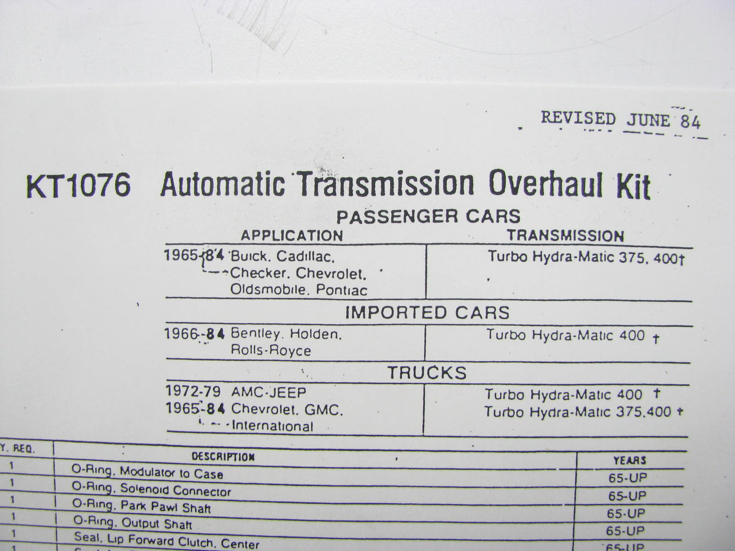 Fram KT1076 Automatic Transmission Overhaul Rebuild Kit THM400  Turbo 400 Auto