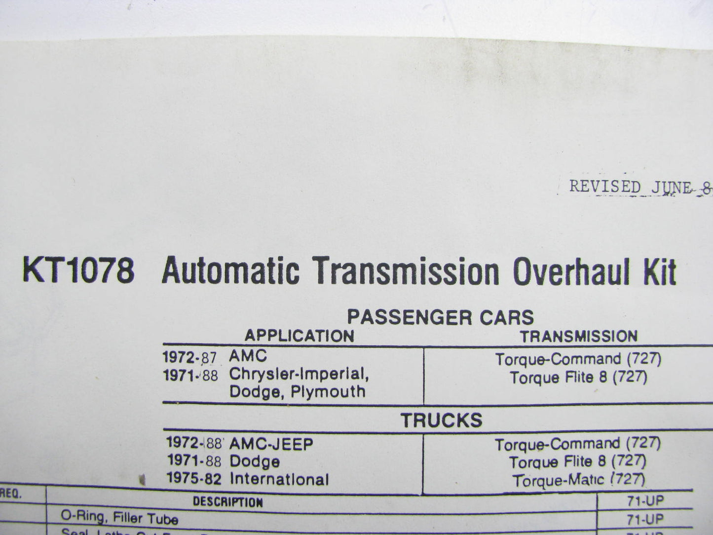 Fram KT1078 For Chrysler A727 Automatic Transmission TF8 Overhaul Rebuild Kit