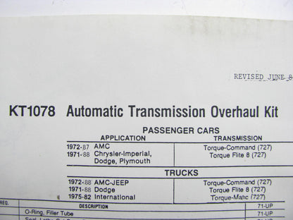 Fram KT1078 For Chrysler A727 Automatic Transmission TF8 Overhaul Rebuild Kit