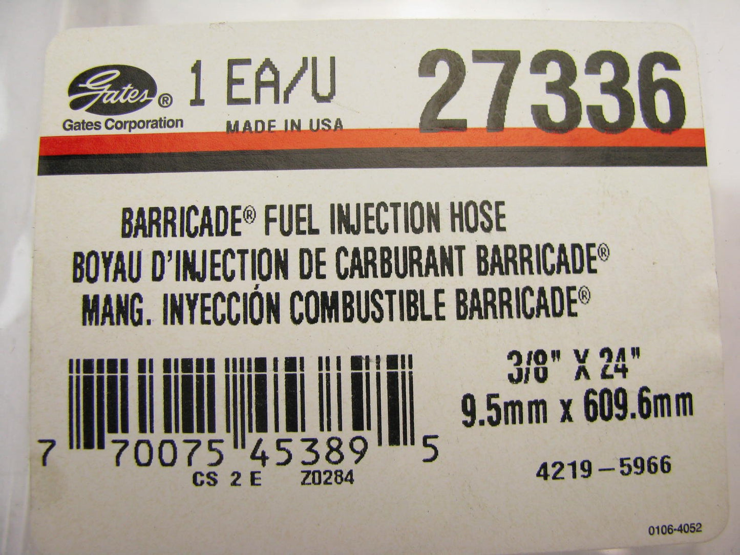 Gates 27336 BARRICADE Fuel Injection Fuel Hose 3/8'' X 24'' 225 PSI