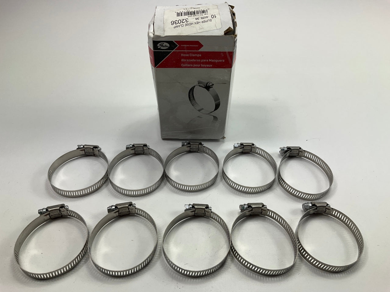 (10) Gates 32036 Stainless Hose Clamps, Size #36, 7/8'' To 2-3/4'' Clamp Diameter