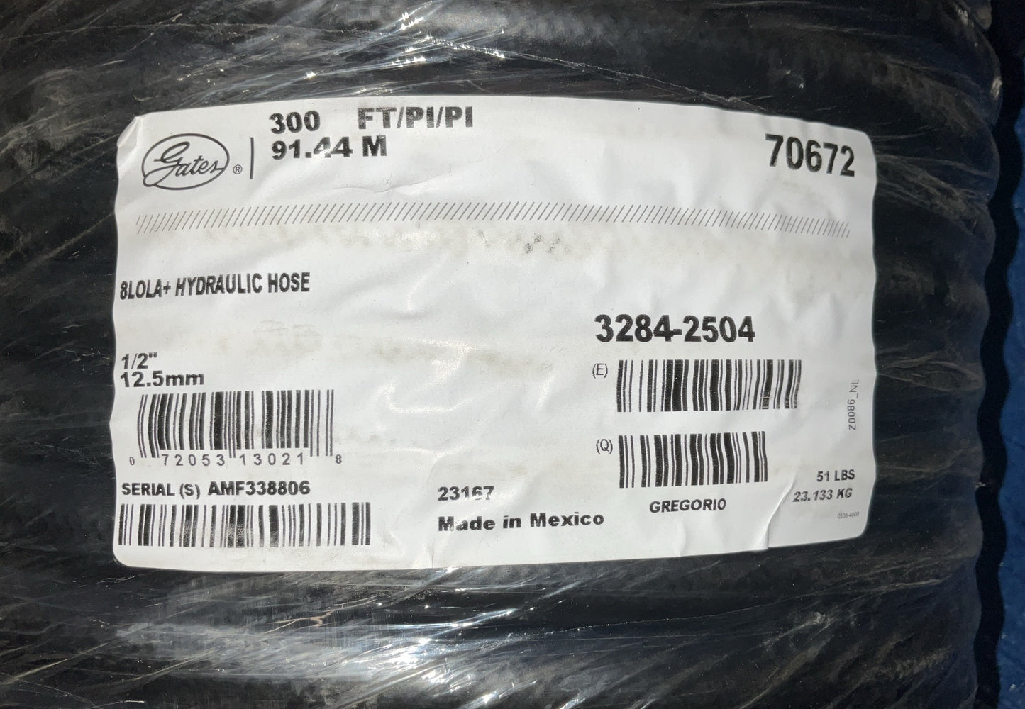 300 FEET - Gates 70672 8LOLA 1/2'' Hydraulic Hose, 300 PSI Max Work Pressure